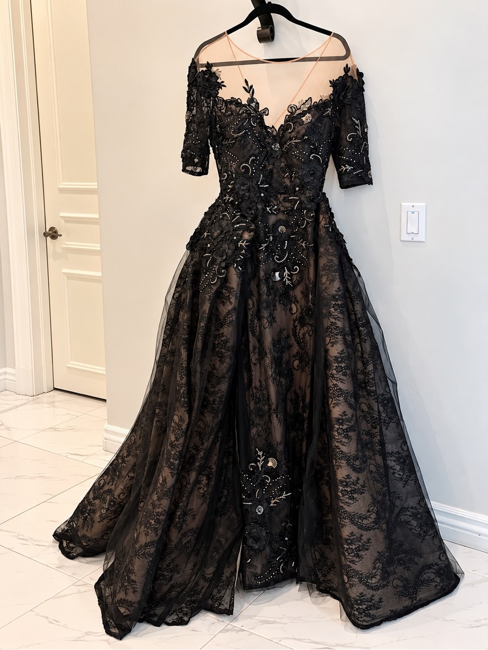 Tarik Ediz Black Lace Appliqué Ball Gown